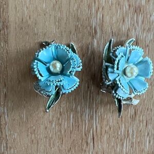Pair of vintage 1950’s blue enamel and pearl clip on costume jewelry earrings